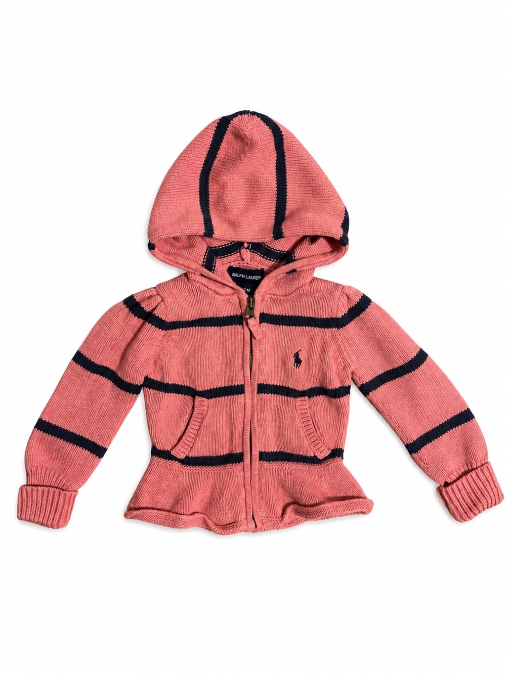 Ralph Lauren Coral Pink Hooded Zip Sweater with Navy Stripes